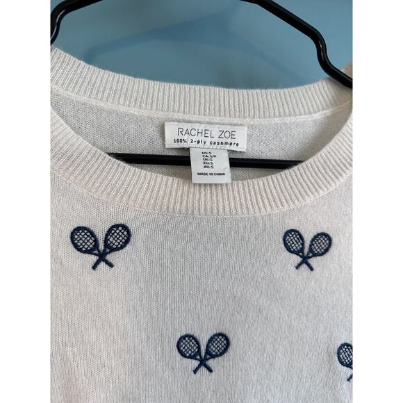 Rachel Zoe Tennis Embroidered 2 Ply White Cashmere Crewneck Sweater - Picture 2 of 5